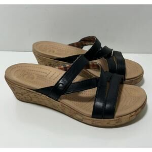 CROCS Black Plaid Lined Strappy Cork Wedge Sandals Shoes Open Toe Womens 6
